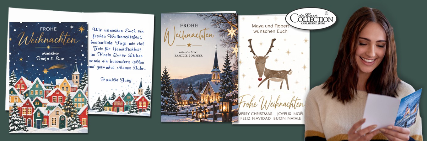 Abbildung einiger Weihnachtskarten, die mit Wunschtext bedruckt sind